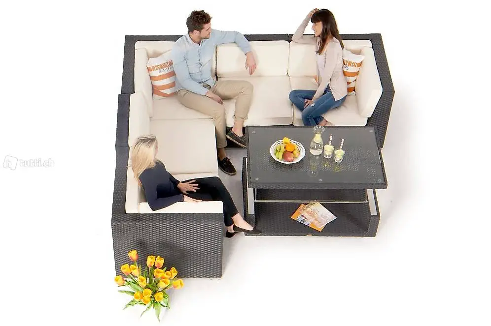  Canapé d"angle en rotin avec table à manger ajustable