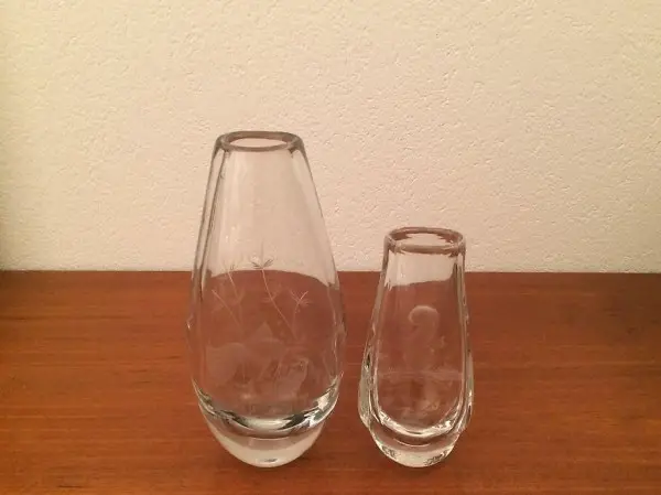 2x kunstvoll geschliffene Glasvase Ziervase 50er 60er retro