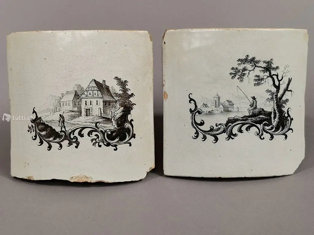 Zwei antike Ofenkacheln, bemalt - Ca. 1760 - Raum Zürich