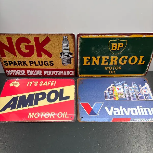 4x blechschild ampol ngk sparkplugs bp oil comp. valvoline