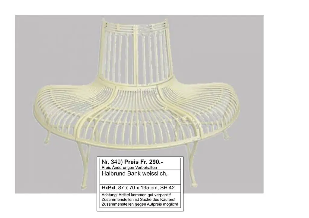 Halbrund Bank weisslich, Garten Metall antik look