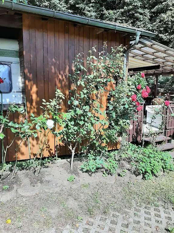 Campinghaus - Wohnwagen mit Holzanbau auf festem Standplatz