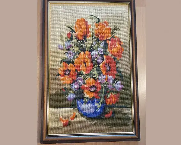 Gobelin Bild Mohnblumen Strickerei 44 x 34 cm