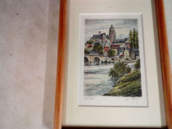 Ein älteres kleines Bild Fluss Stadt signiert