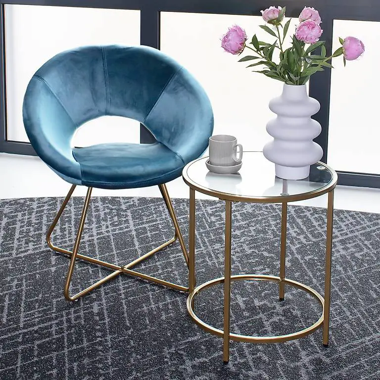 Samtstuhl SILVIA Blau/Gold mit Beistelltisch