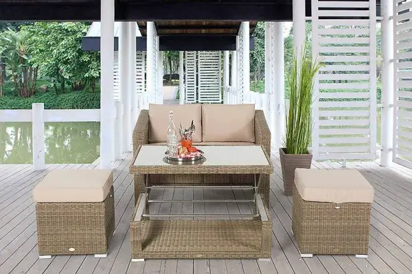 Loungen und Essen - Rattan Gartenset - Tisch verstellbar