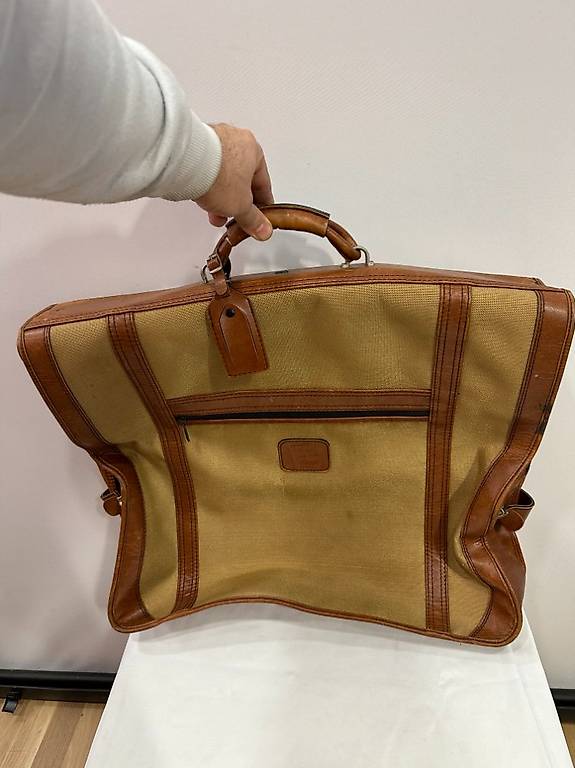 Vintage Anzugtasche / Kleiderschutzhülle aus Leder und Stoff