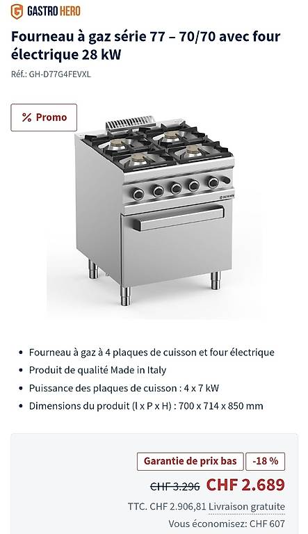 Gasherd Serie 77 - 70/70 mit Elektroofen 28 kW