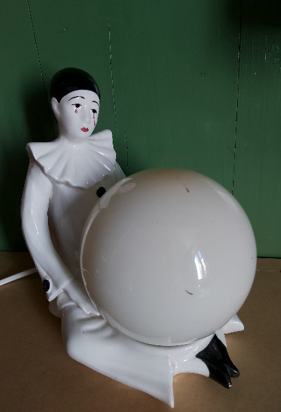 Vintage Tischlampe, trauriger, weinender Harlekin, Kugel