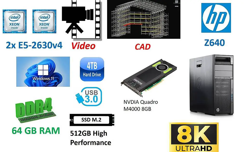 pc hp workstation z640 64gb 512gb m4000 2xxeon e5-2630v4 20c