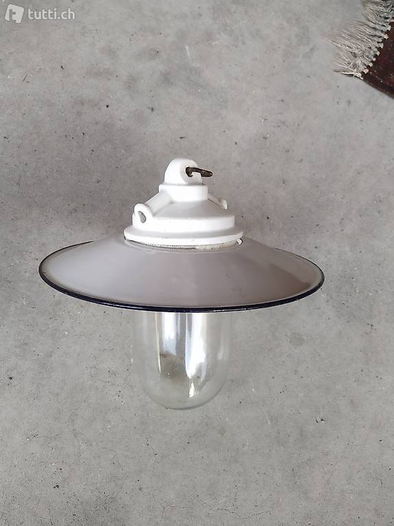 Antike Email Hängelampe mit Zylindrischem Glas