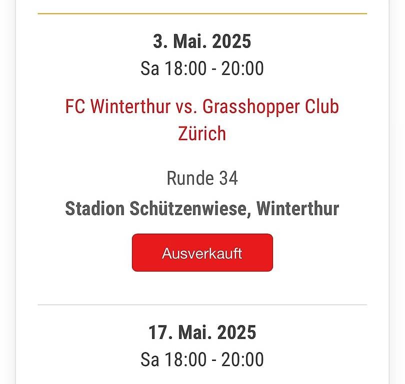 Tickets FC Winterthur - GC, 3.5.25, 18.00 Uhr