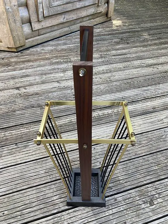 Schirmständer Teakholz Messing Eisen 50er Jahre Vintage