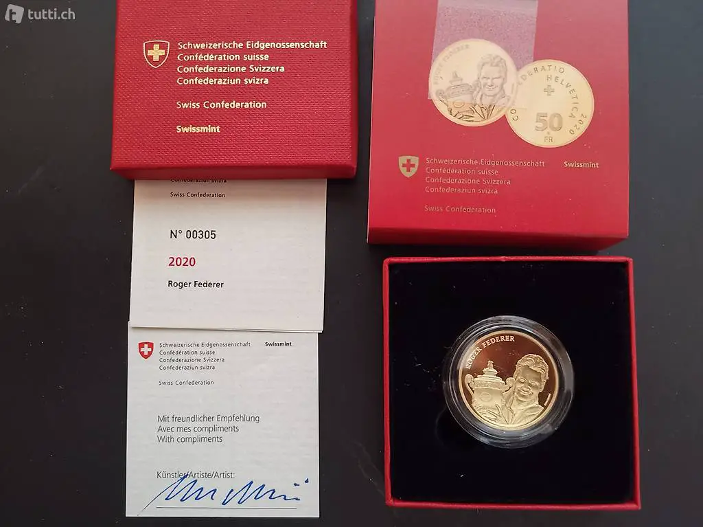 Goldmünze Roger Federer mit Signatur