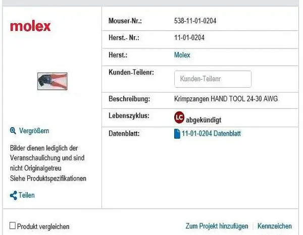 Molex Crimpzange EDP# 11-01-0204 / ENG# CR60927A