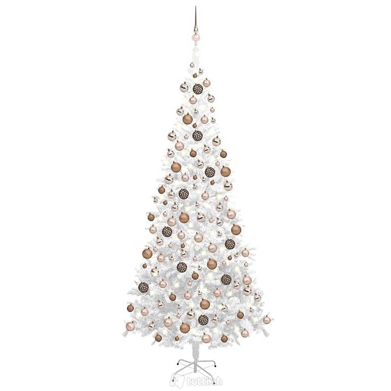  Künstlicher Weihnachtsbaum mit LEDs & Kugeln L 240 cm Weiss