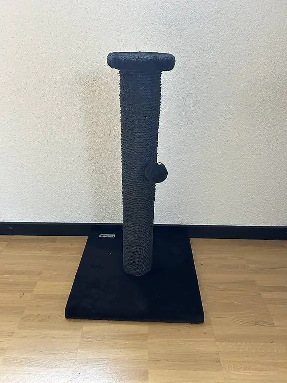 Kratzbaum schwarz mit Spielzeug