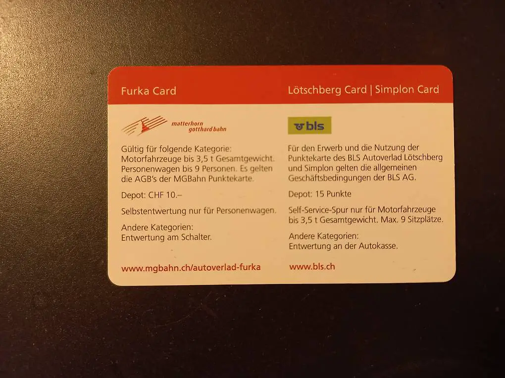 Punktekarte Furka Autoverlad im Wert von 595 CHF