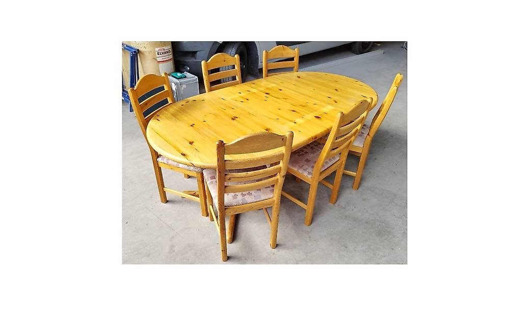 Kiefer Tisch oval mit Verlängerungsplatte und 6 Stühlen
