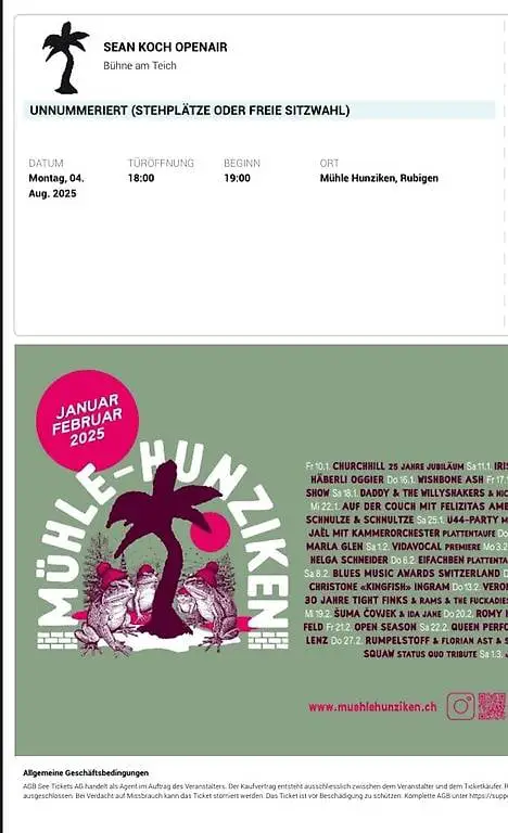 2x Tickets für Sean Koch Mühle Hunziken