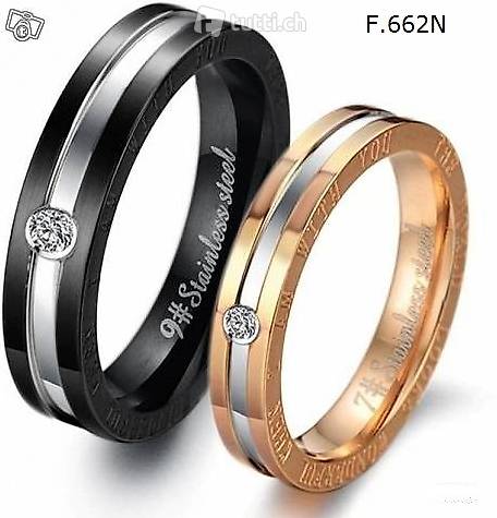 662N 1 Paar Hochzeit Ringe, Edelstahl + Zirkon