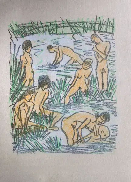 Akt Badende an einem See, Originelle Zeichnung Unikat