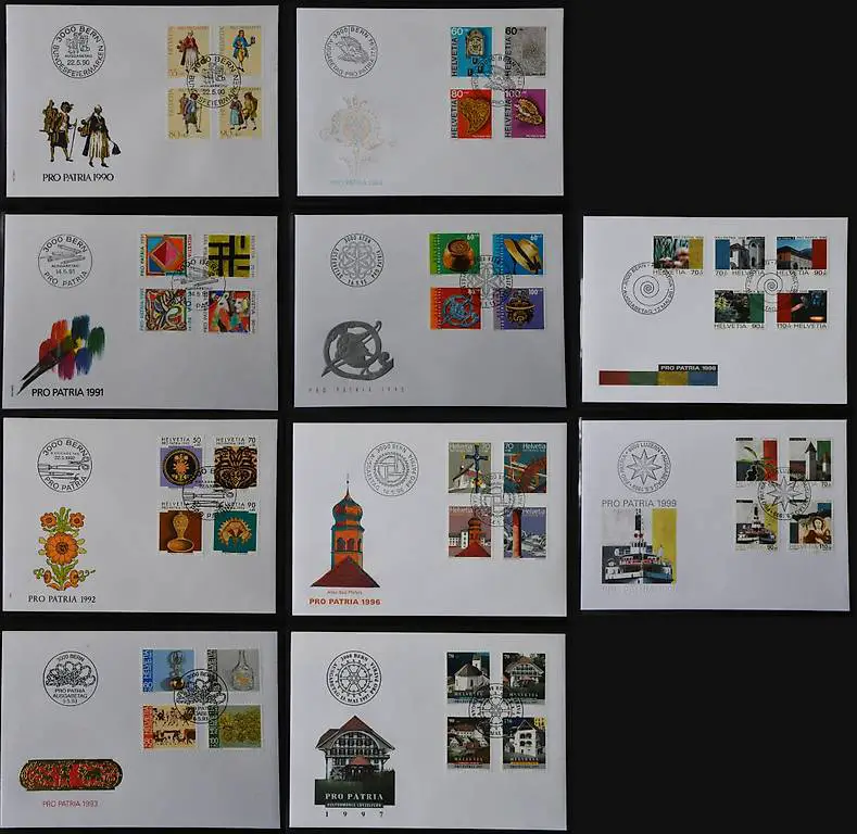 Alle Pro Patria FDC 1990 bis 1999, komplett