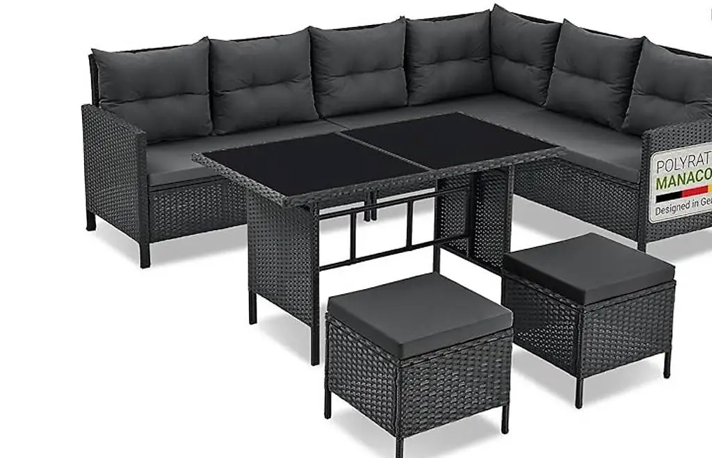 Polyrattan Lounge Manacor mit Ecksofa, Esstisch, 2 Hocker