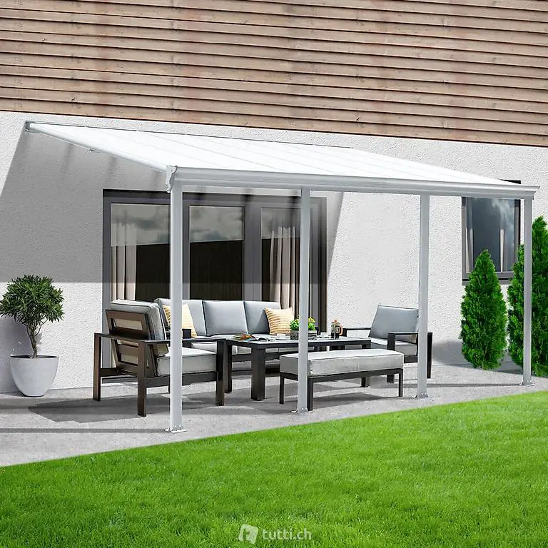  NEU Terrassenüberdachung 618 x 303 x 226 / 278 cm (Weiss)