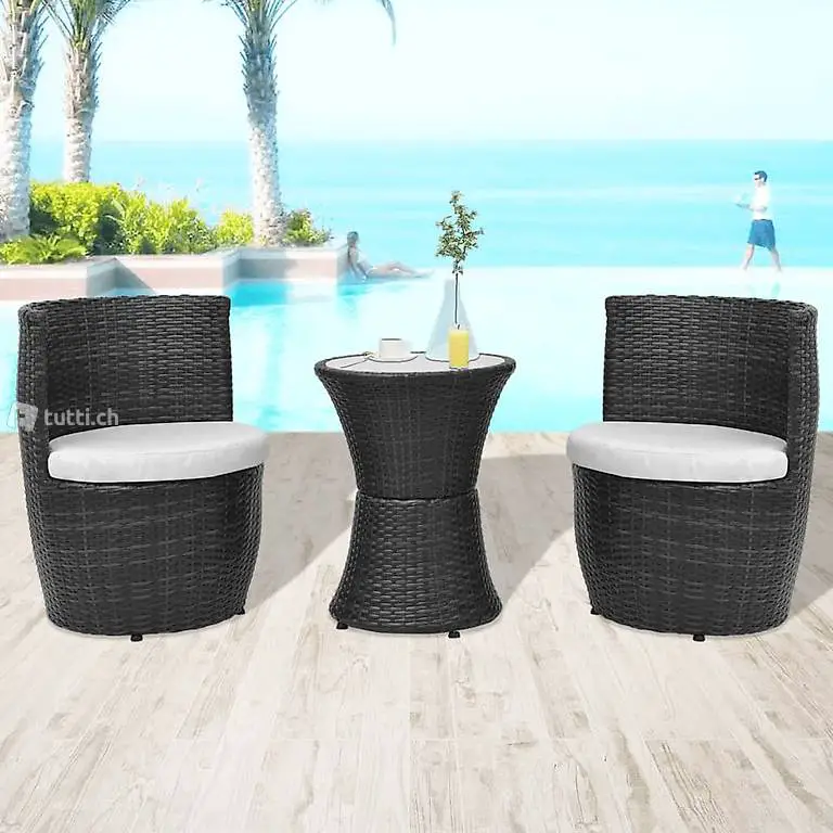  3-tlg. Bistro-Set mit Auflagen Poly Rattan Schwarz 112