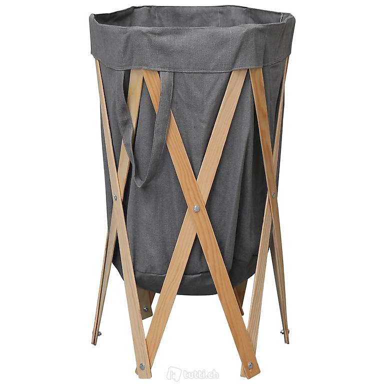  Faltbarer Wäschekorb Grau Holz und Stoff