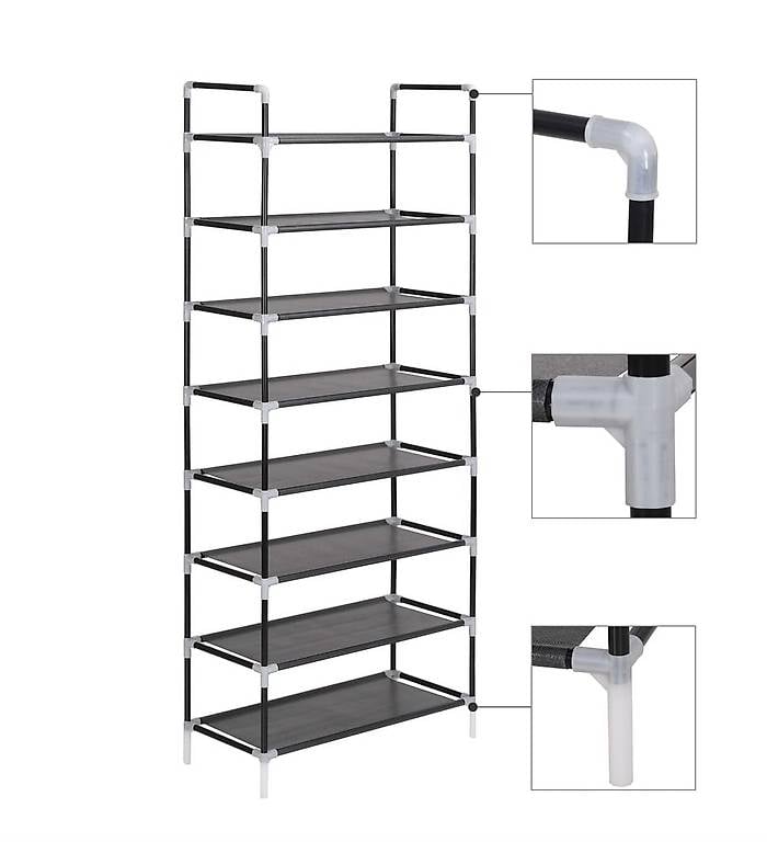 Schuhregal mit 8 Ablagen Metall und Vliesstoff Schwarz