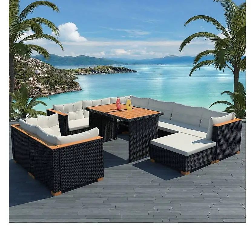 10-tlg. Garten-Lounge-Set mit Auflagen Poly Rattan Schwarz