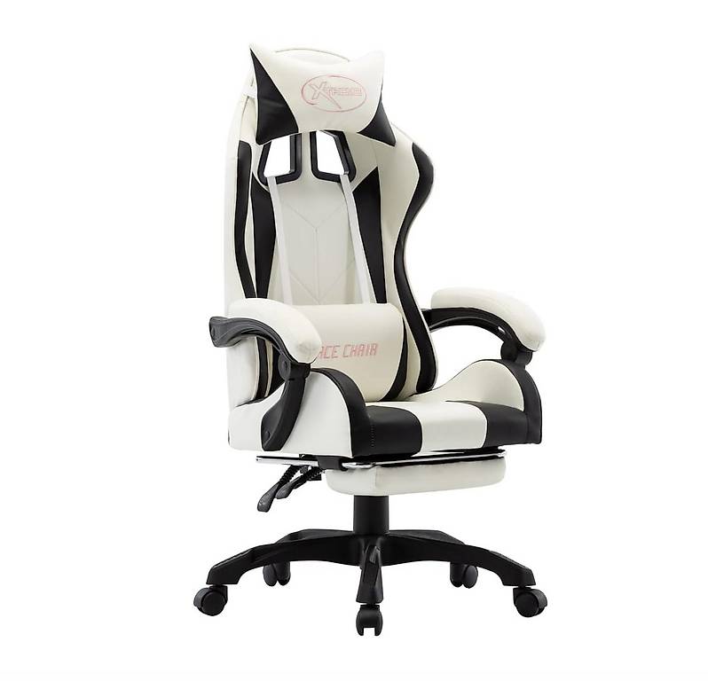 Gaming-Stuhl mit Fussstütze Schwarz und Weiss Kunstleder