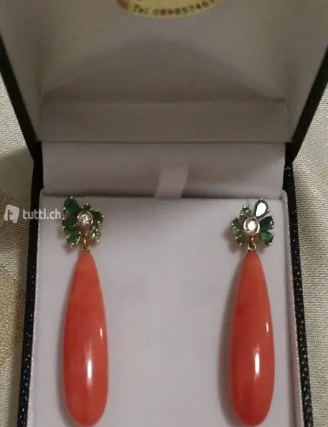 Gold Smaragd Diamant Korall Ohrringe