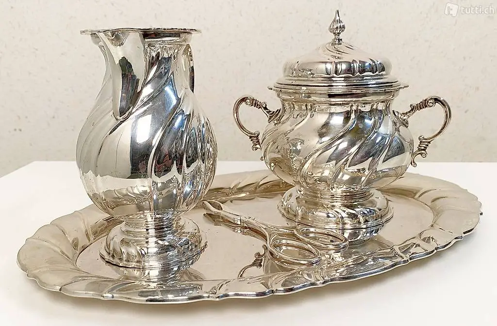 Zucker Sahne Set 800er Silber, Zange, Tablett
