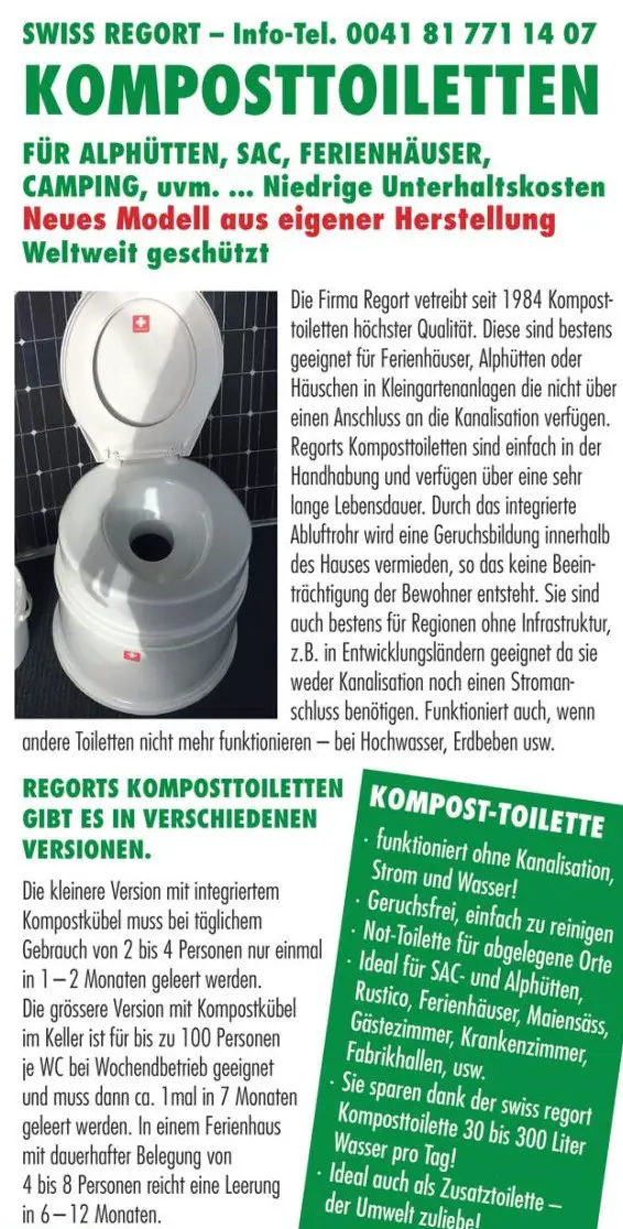 Komposttoilette Swiss Regort System, kein Wasser / StromKein Geruch