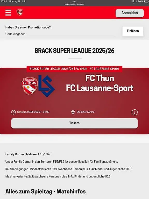 FCTHUN - FC Lausanne-Sport :1 Ticket vergünstigt