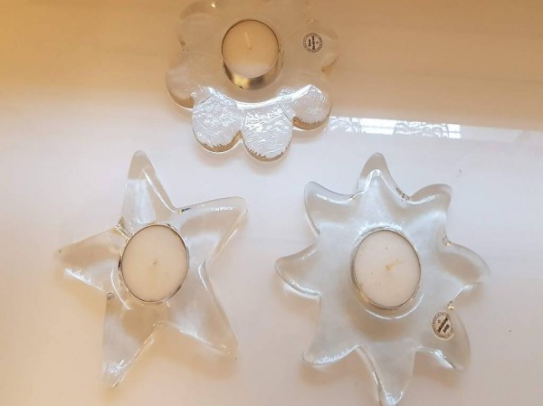 3 Stück Hergiswiler Glas Teelichter, Sonne, Blume, Stern
