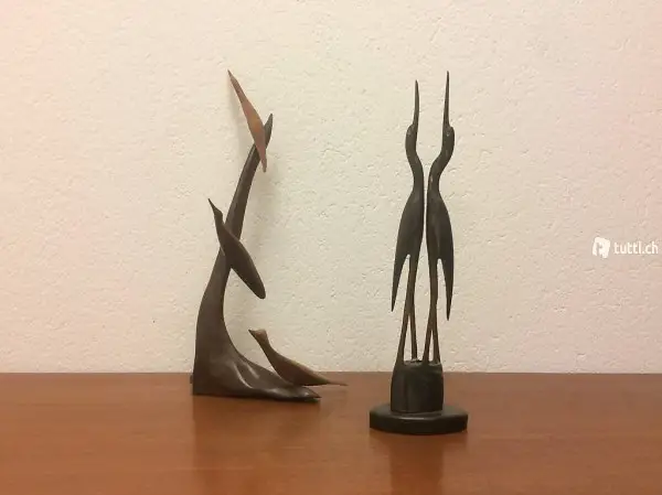 2x Vogel Skulptur - Horn Kranich Paar / Holzvögel vintage