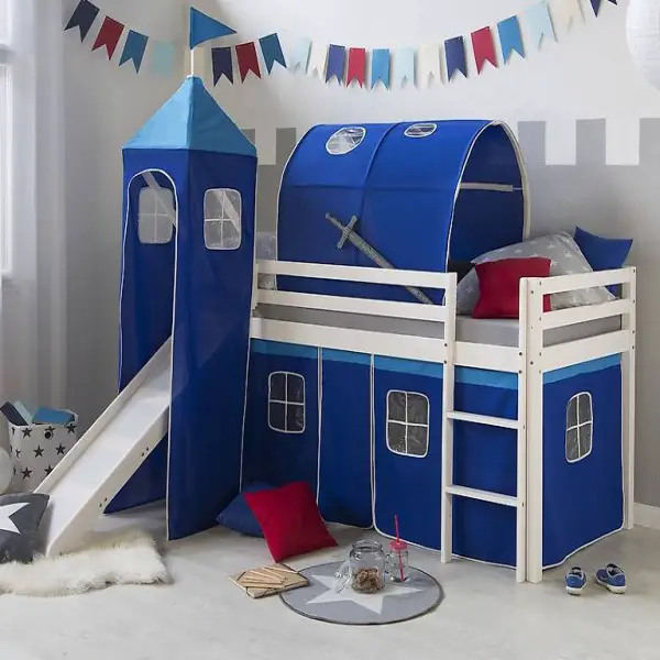  Weisses Hochbett mit Rutsche blau, 90 x 200 cm