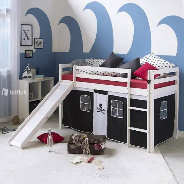  Weisses Kinder Hochbett mit Rutsche Pirat, 90 x 200 cm