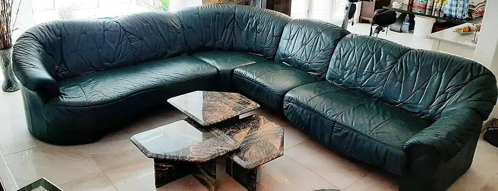 Wohnlandschaft, Ecksofa mit Hocker in echt Leder