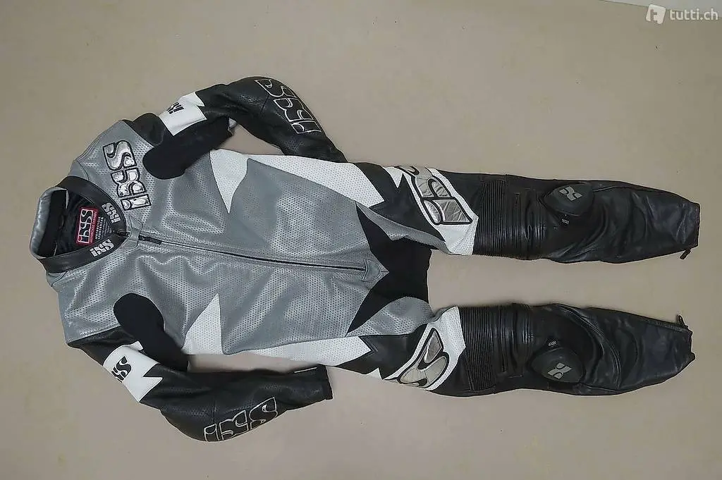 Rennkombi / LEDERKOMBI Supermoto silber-weiss-schwarz Gr. 50