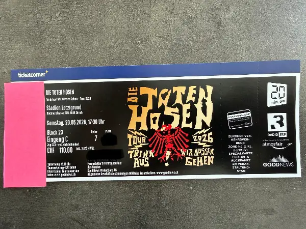 1 Die Toten Hosen Sitzplatz Block 23, Sa. 20.06.2026 Zürich