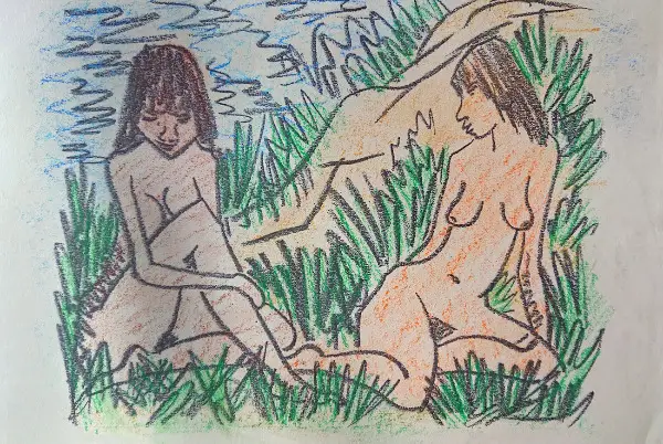 Akt 2 Mädchen / Frauen am See, Handarbeit, Unikat