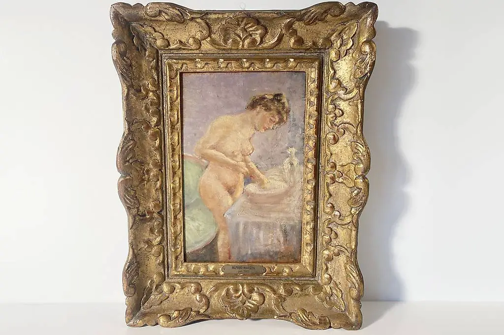 Alfred Marzin, Original Oelbild Akt Frau am Waschtisch