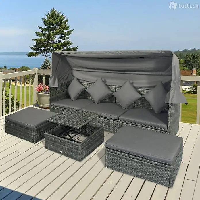  Poly Rattan Lounge Set Loungegruppe mit Sonnendach Faltdach