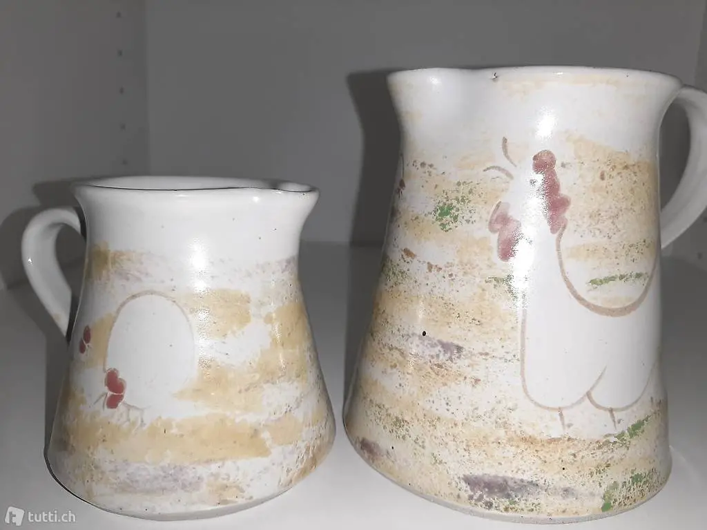 2 lustige keramik krüge mit hühner motiv
