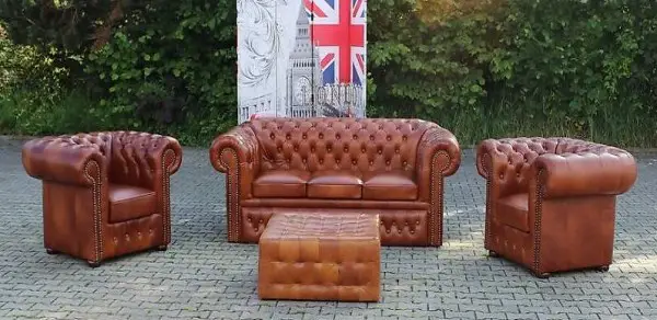  CHESTERFIELDSOFA VOLLLEDER 3+2+1+HOCKER BETTFUNKTION NAXFORD